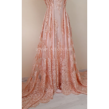 Beaded bridal lace fabric in peach color, Couture Lace Fabric, wedding dress lace, designer lace, ornamental flower lace per yard LL-1428