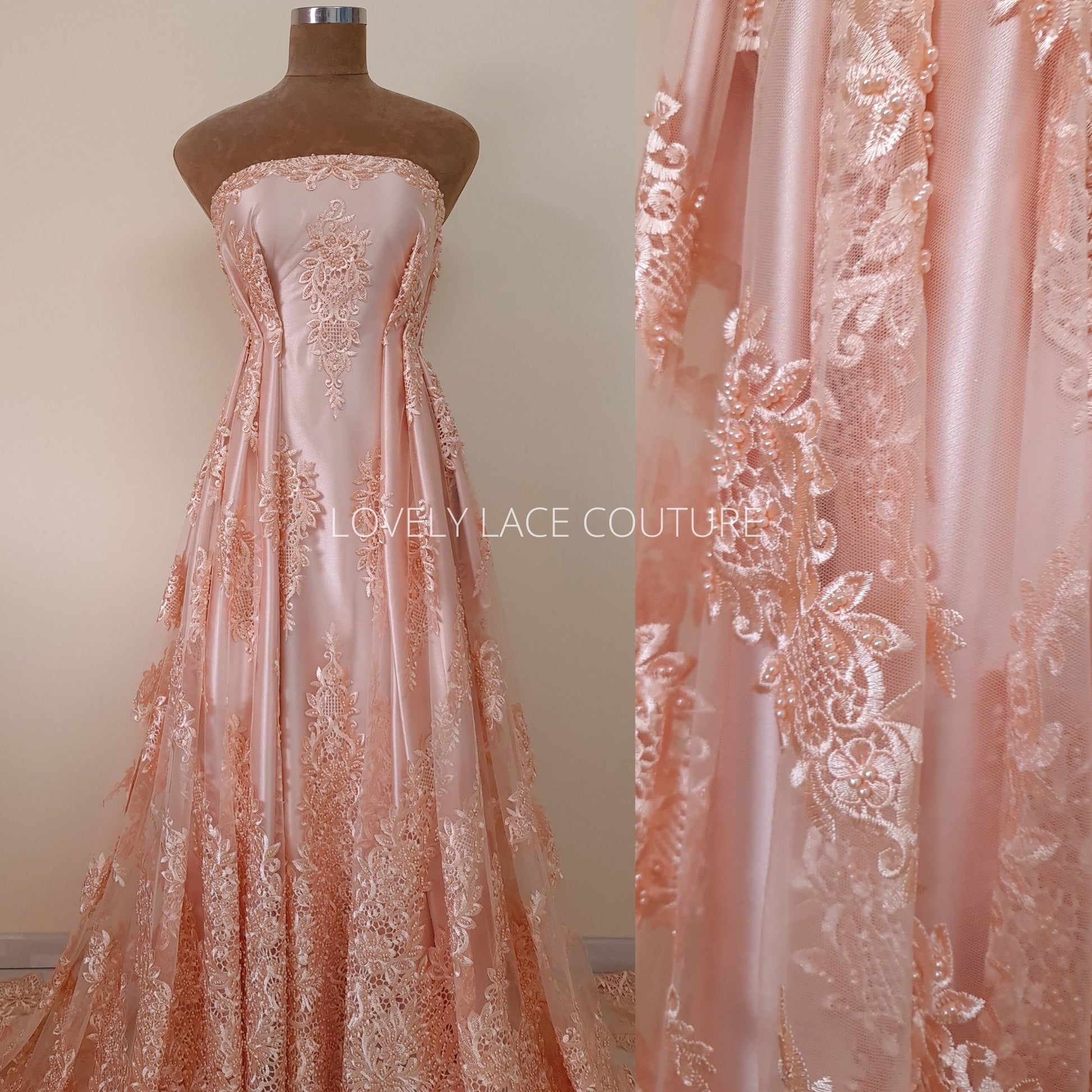 Beaded bridal lace fabric in peach color, Couture Lace Fabric, wedding dress lace, designer lace, ornamental flower lace per yard LL-1428
