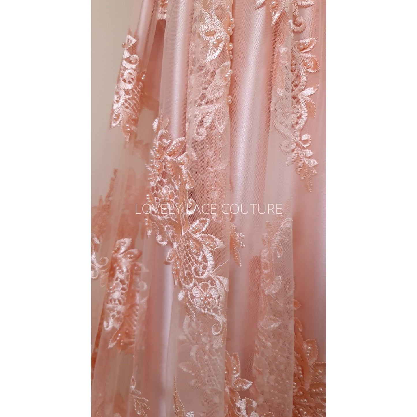 Beaded bridal lace fabric in peach color, Couture Lace Fabric, wedding dress lace, designer lace, ornamental flower lace per yard LL-1428