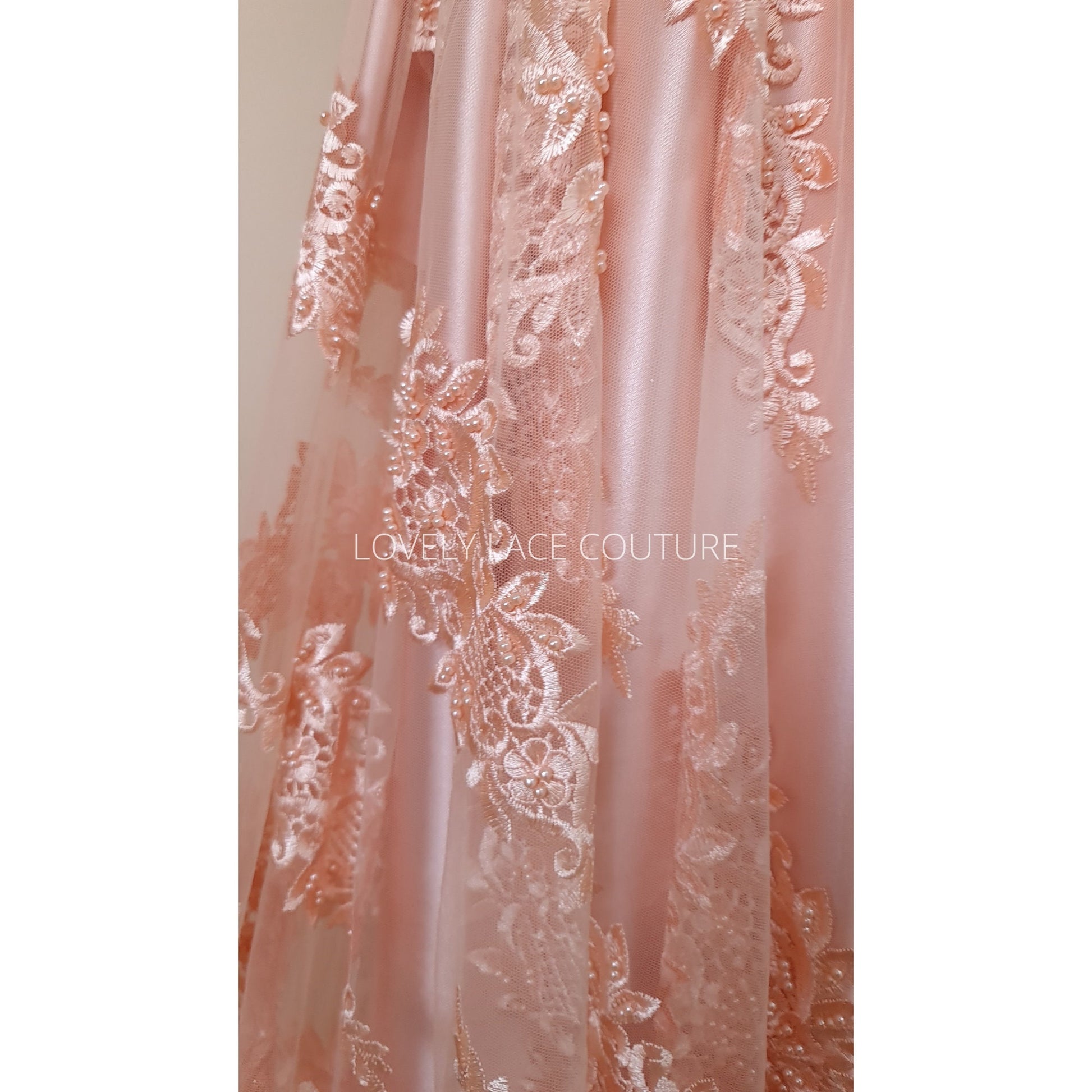 Beaded bridal lace fabric in peach color, Couture Lace Fabric, wedding dress lace, designer lace, ornamental flower lace per yard LL-1428