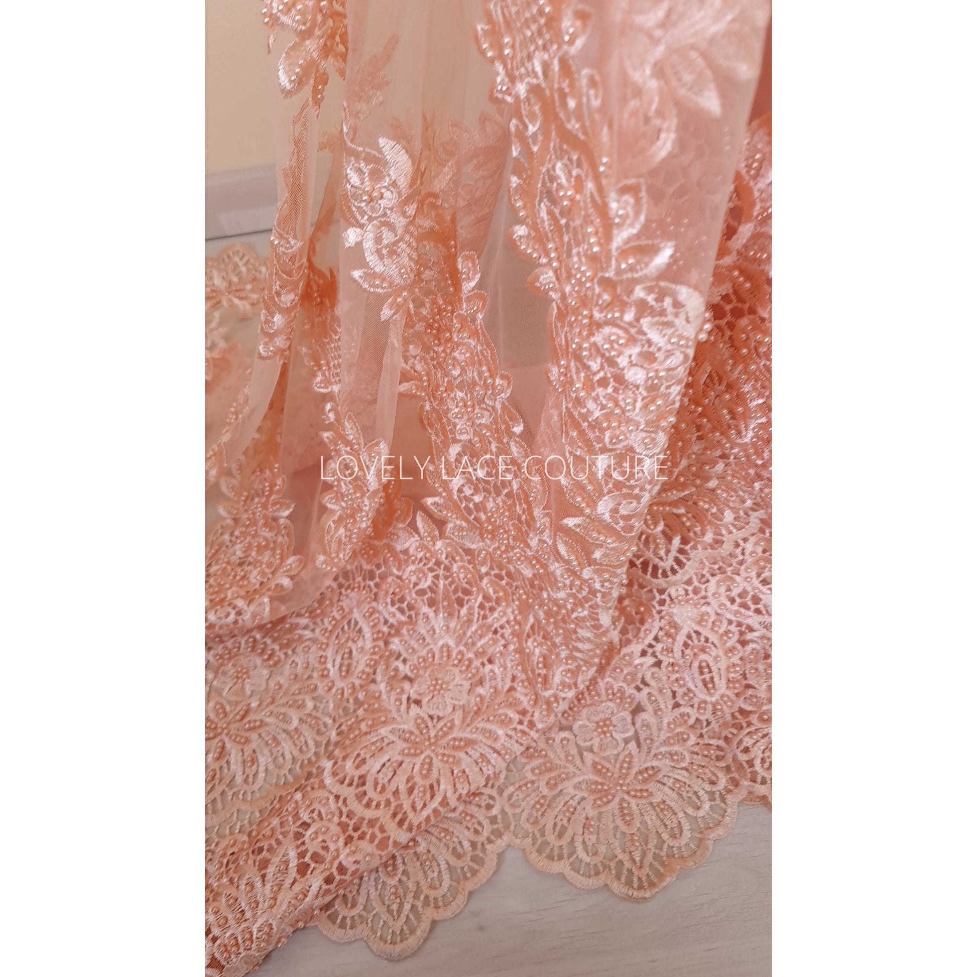 Beaded bridal lace fabric in peach color, Couture Lace Fabric, wedding dress lace, designer lace, ornamental flower lace per yard LL-1428