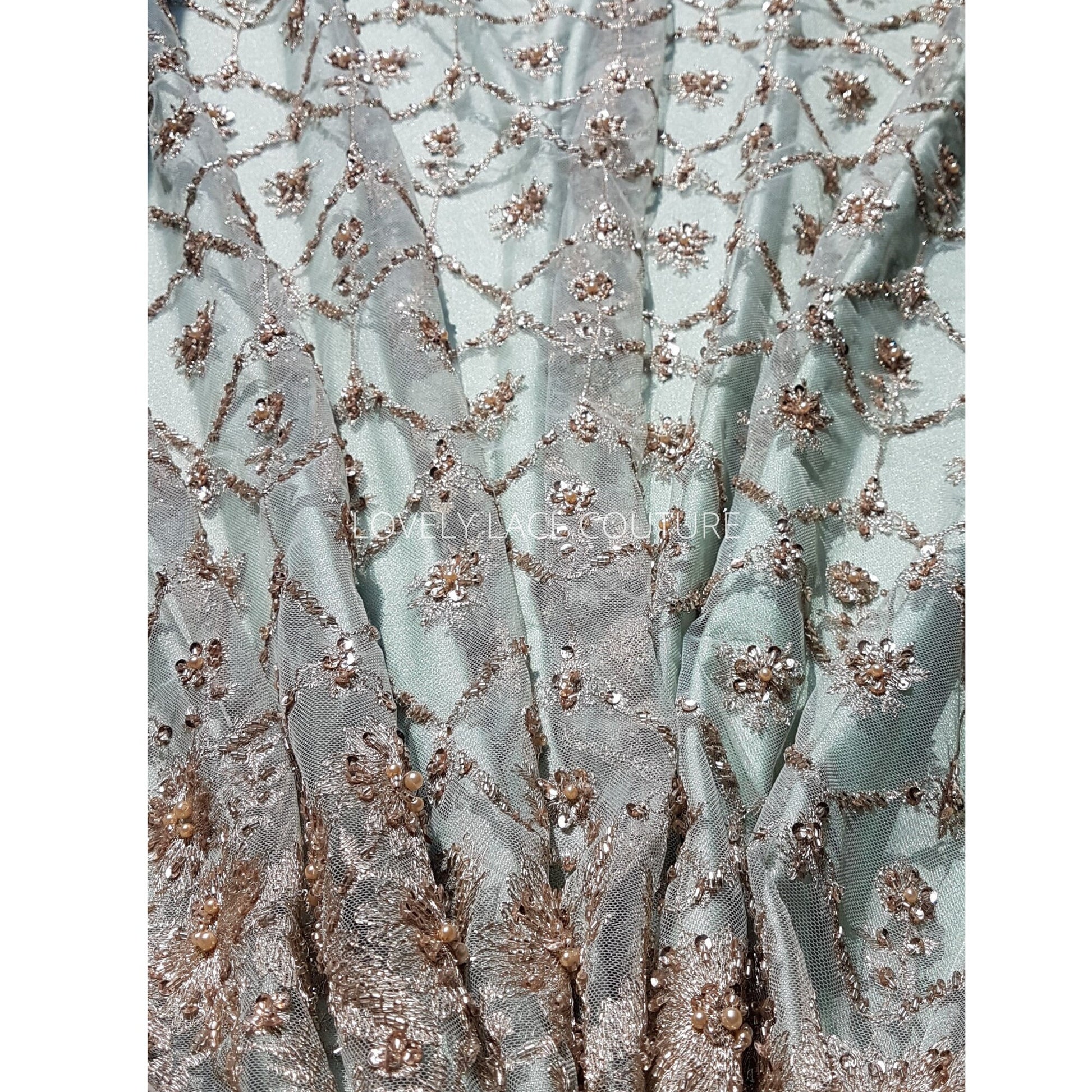 Handmade Lace in gold LL-1446 or mint color LL-1405, beaded bridal lace, Lace Fabric by yard or by metre, wedding Lace for stunning dresses