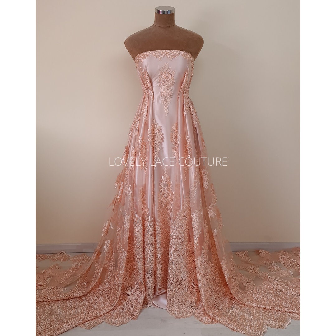 Beaded bridal lace fabric in peach color, Couture Lace Fabric, wedding dress lace, designer lace, ornamental flower lace per yard LL-1428