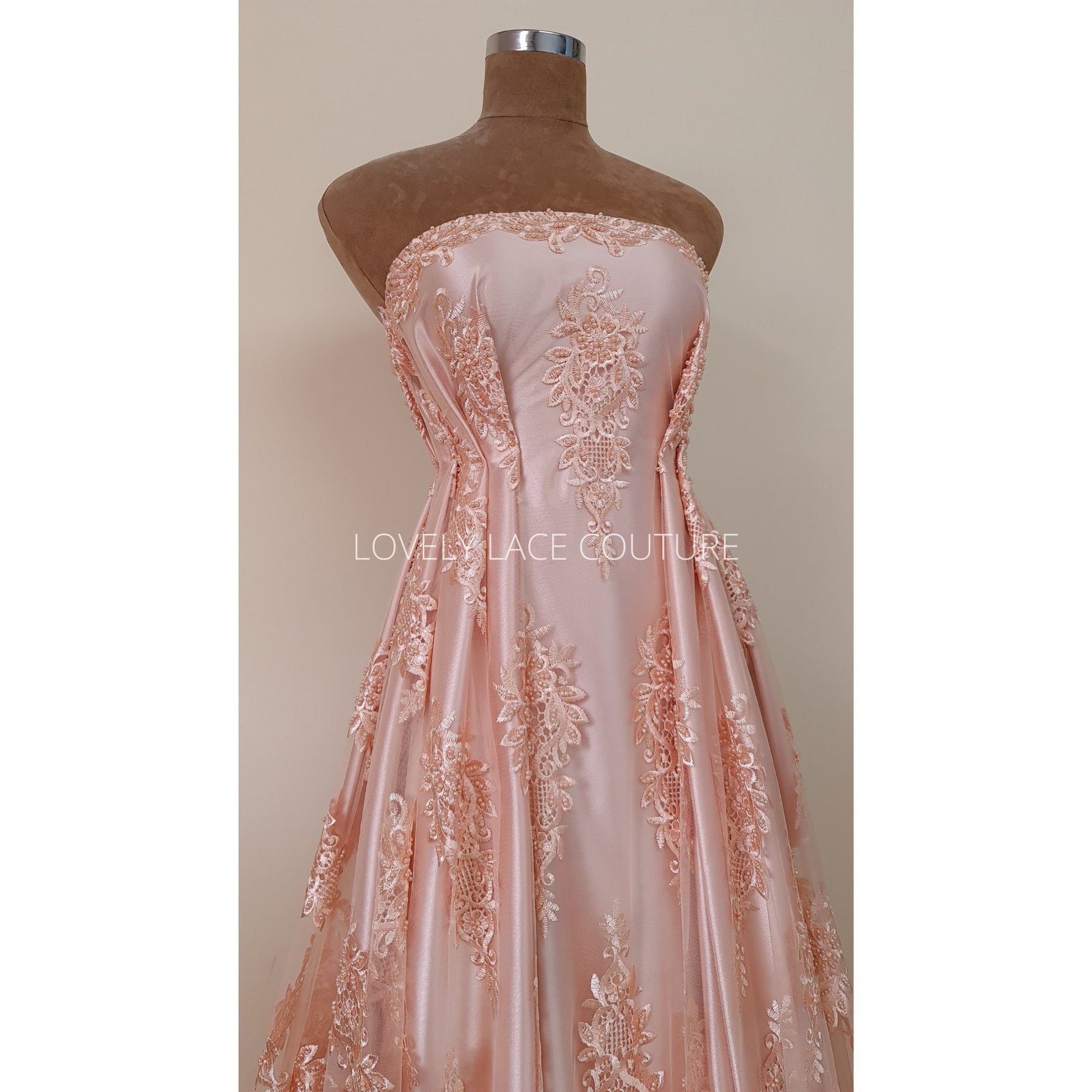Beaded bridal lace fabric in peach color, Couture Lace Fabric, wedding dress lace, designer lace, ornamental flower lace per yard LL-1428