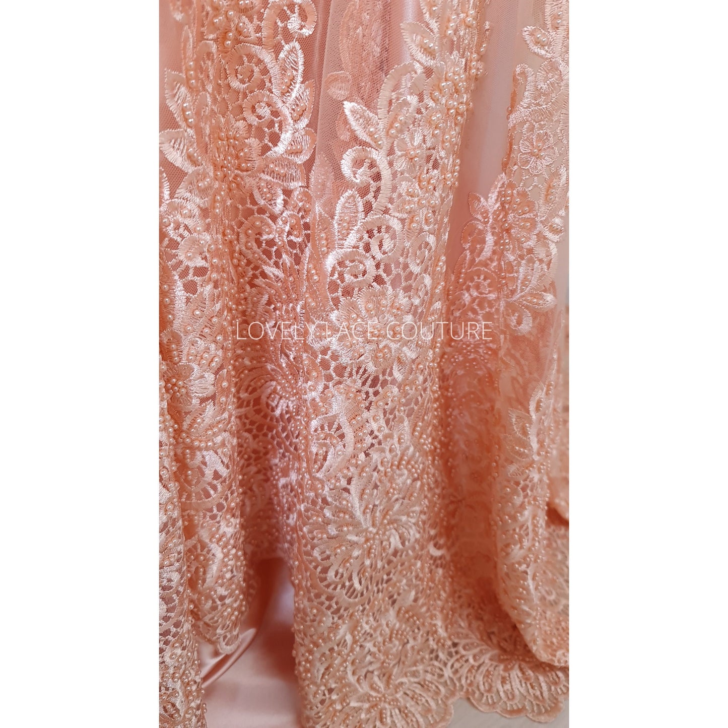 Beaded bridal lace fabric in peach color, Couture Lace Fabric, wedding dress lace, designer lace, ornamental flower lace per yard LL-1428