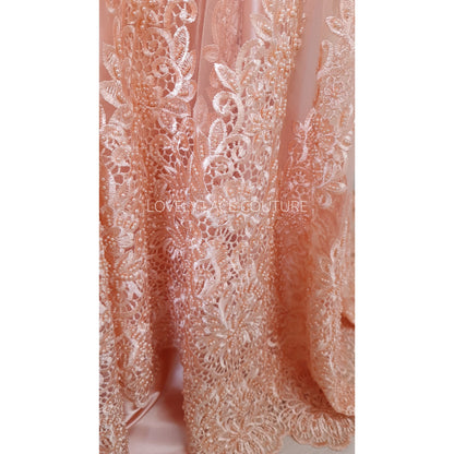 Beaded bridal lace fabric in peach color, Couture Lace Fabric, wedding dress lace, designer lace, ornamental flower lace per yard LL-1428