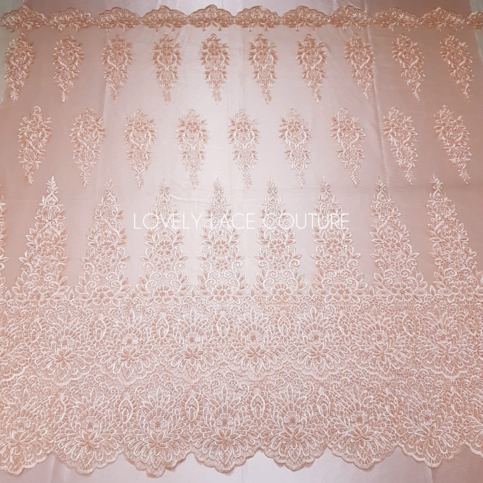 Beaded bridal lace fabric in peach color, Couture Lace Fabric, wedding dress lace, designer lace, ornamental flower lace per yard LL-1428
