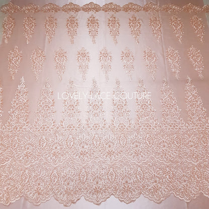 Beaded bridal lace fabric in peach color, Couture Lace Fabric, wedding dress lace, designer lace, ornamental flower lace per yard LL-1428
