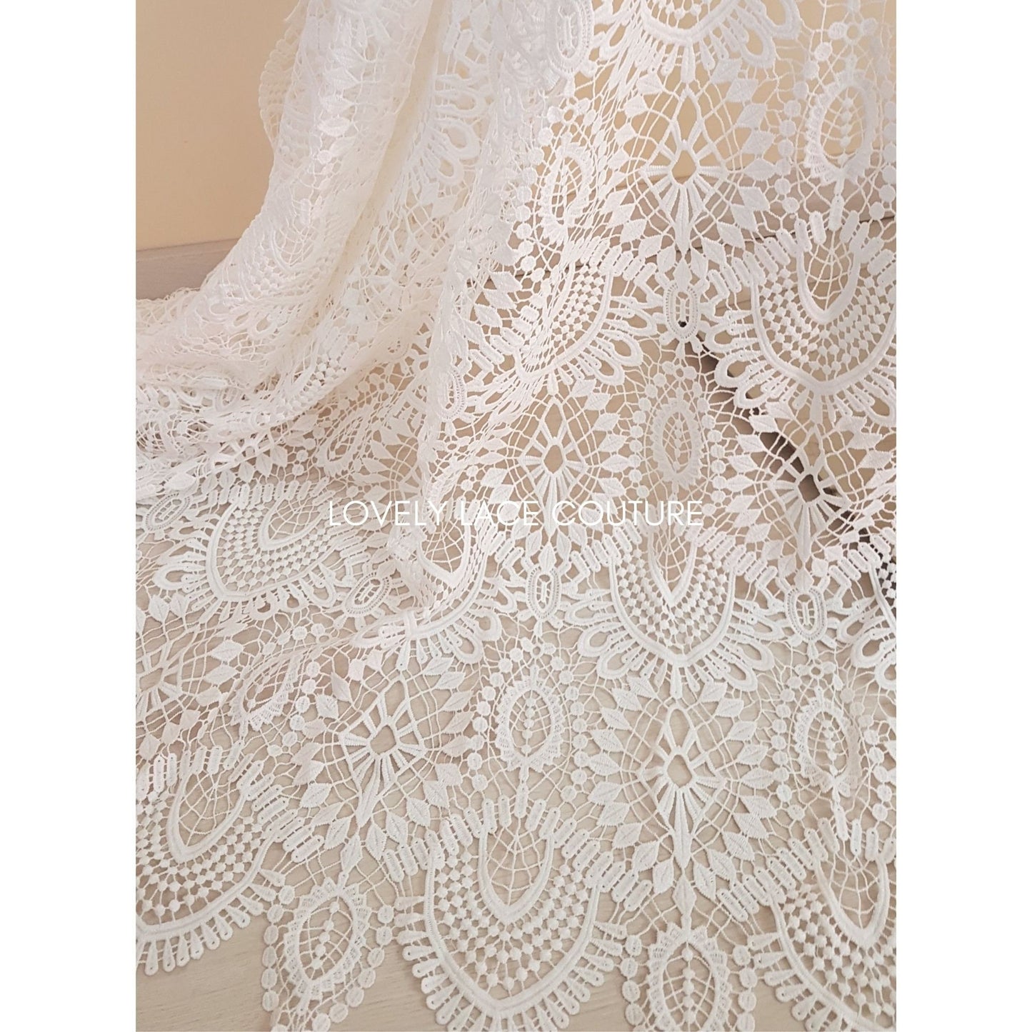 Gorgeous modern boho lace fabric, soft guipure lace in off-white, High Quality, Crochet Lace, lace for gown, from 1 metre LL-1437