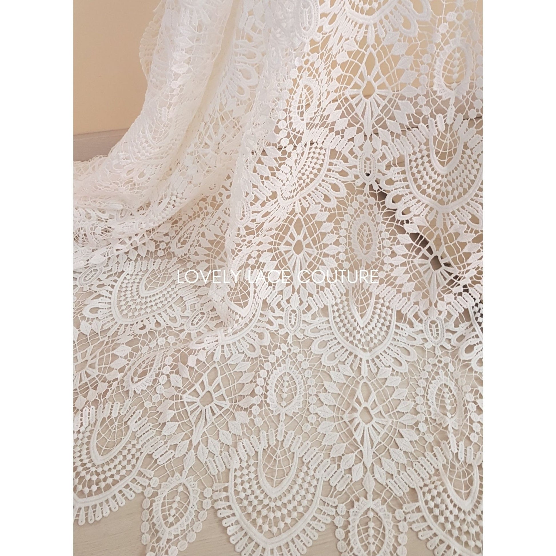 Gorgeous modern boho lace fabric, soft guipure lace in off-white, High Quality, Crochet Lace, lace for gown, from 1 metre LL-1437
