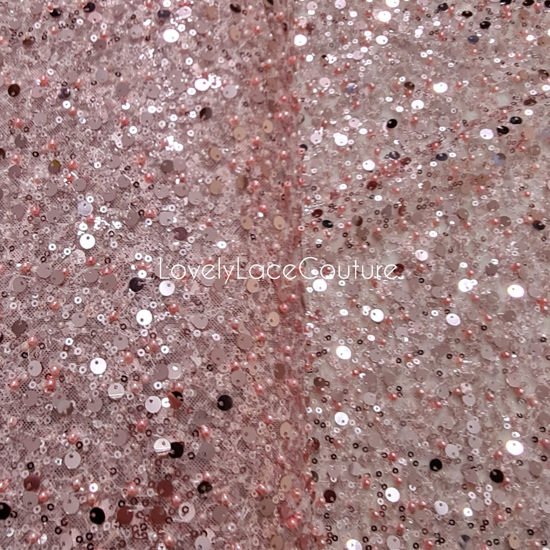 Beaded bridal lace fabric with sequins in rosé-pink, Pallas Couture Lace Fabric, luxurious beaded wedding dress lace, designer lace LL-1441