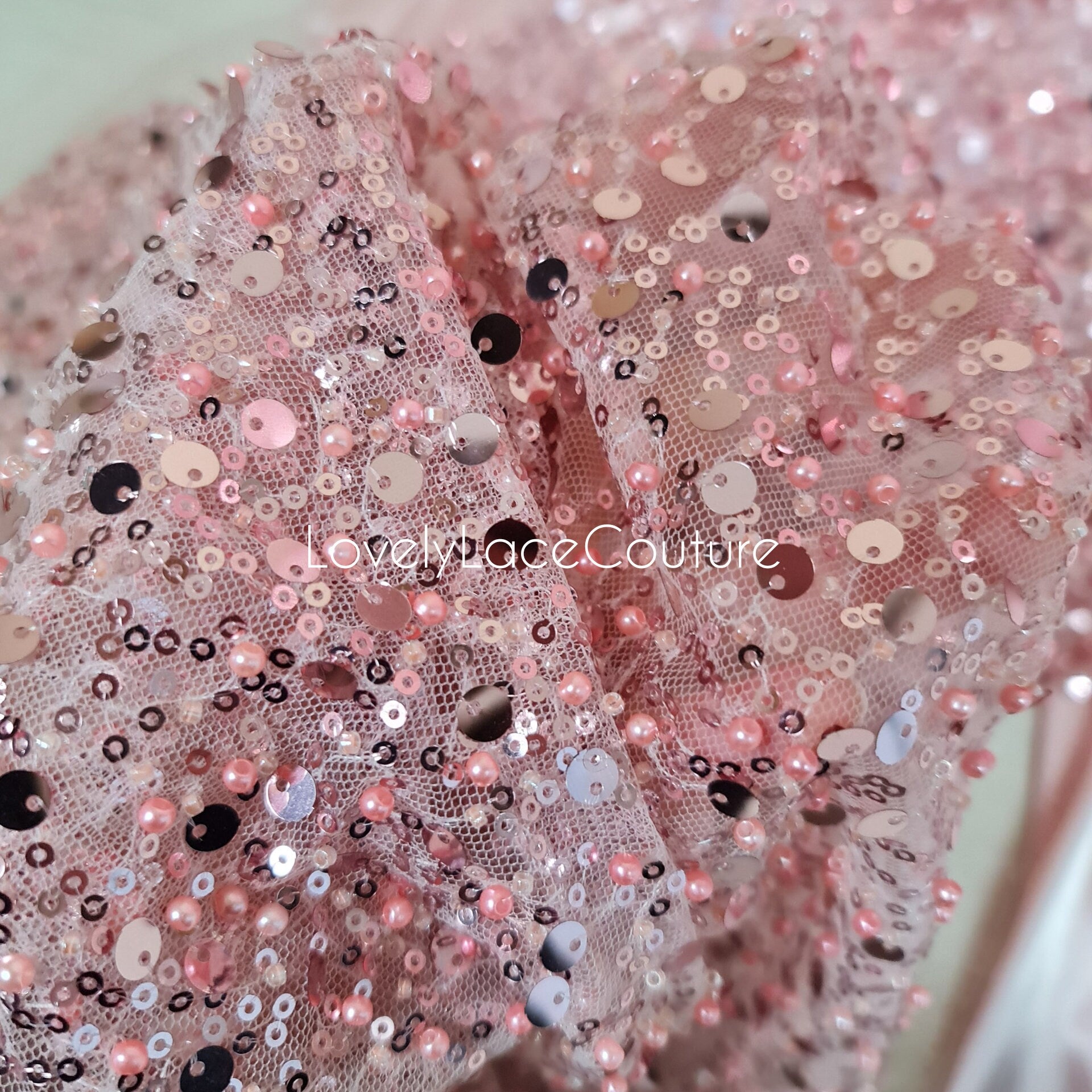 Beaded bridal lace fabric with sequins in rosé-pink, Pallas Couture Lace Fabric, luxurious beaded wedding dress lace, designer lace LL-1441