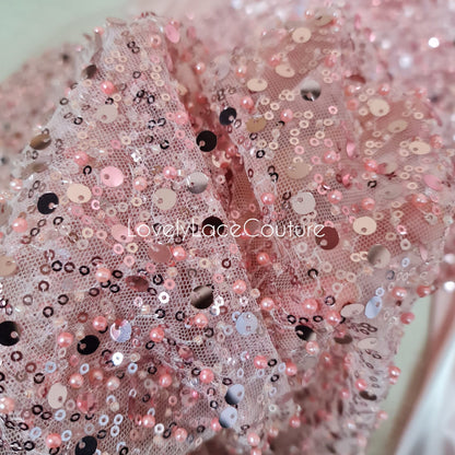 Beaded bridal lace fabric with sequins in rosé-pink, Pallas Couture Lace Fabric, luxurious beaded wedding dress lace, designer lace LL-1441
