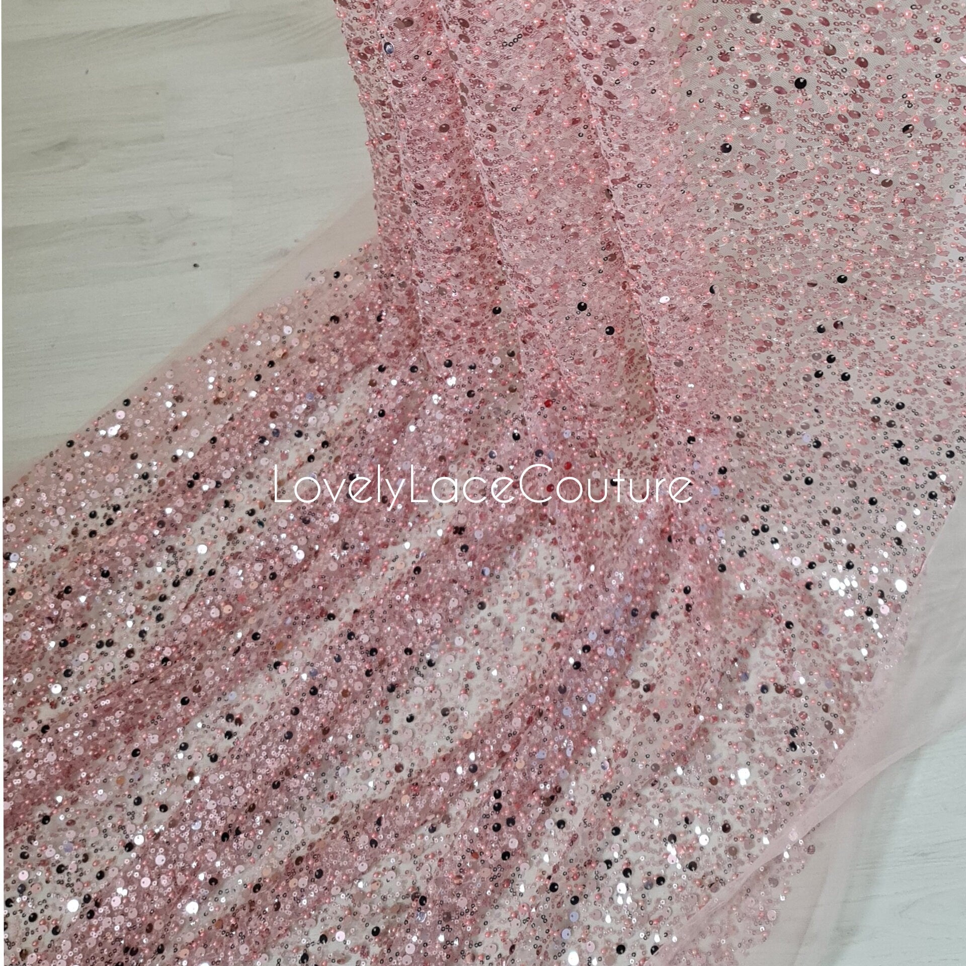 Beaded bridal lace fabric with sequins in rosé-pink, Pallas Couture Lace Fabric, luxurious beaded wedding dress lace, designer lace LL-1441