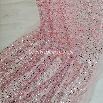Beaded bridal lace fabric with sequins in rosé-pink, Pallas Couture Lace Fabric, luxurious beaded wedding dress lace, designer lace LL-1441