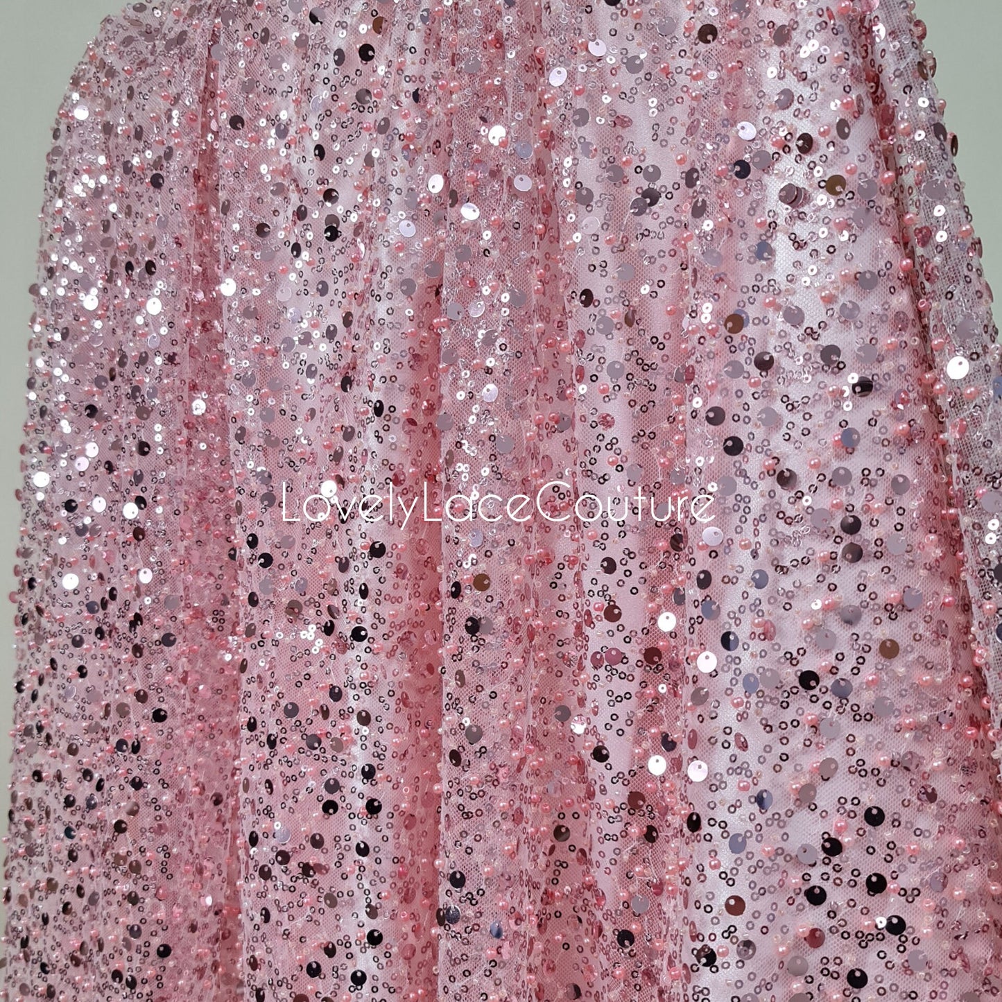 Beaded bridal lace fabric with sequins in rosé-pink, Pallas Couture Lace Fabric, luxurious beaded wedding dress lace, designer lace LL-1441
