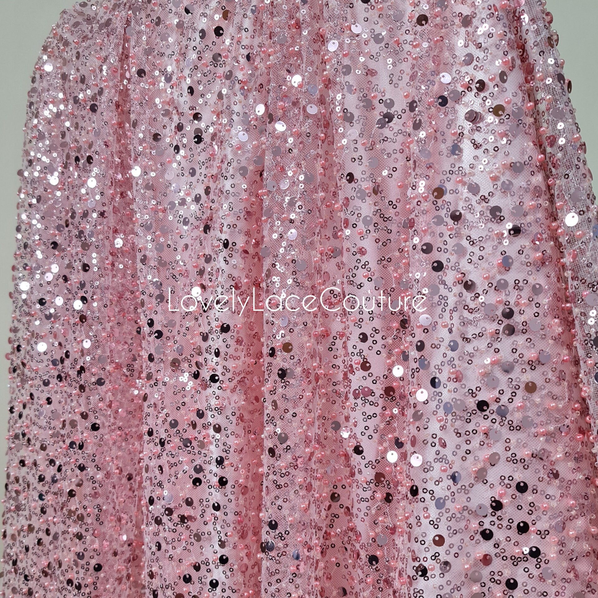 Beaded bridal lace fabric with sequins in rosé-pink, Pallas Couture Lace Fabric, luxurious beaded wedding dress lace, designer lace LL-1441