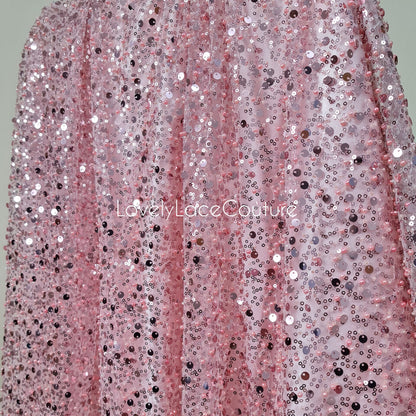 Beaded bridal lace fabric with sequins in rosé-pink, Pallas Couture Lace Fabric, luxurious beaded wedding dress lace, designer lace LL-1441