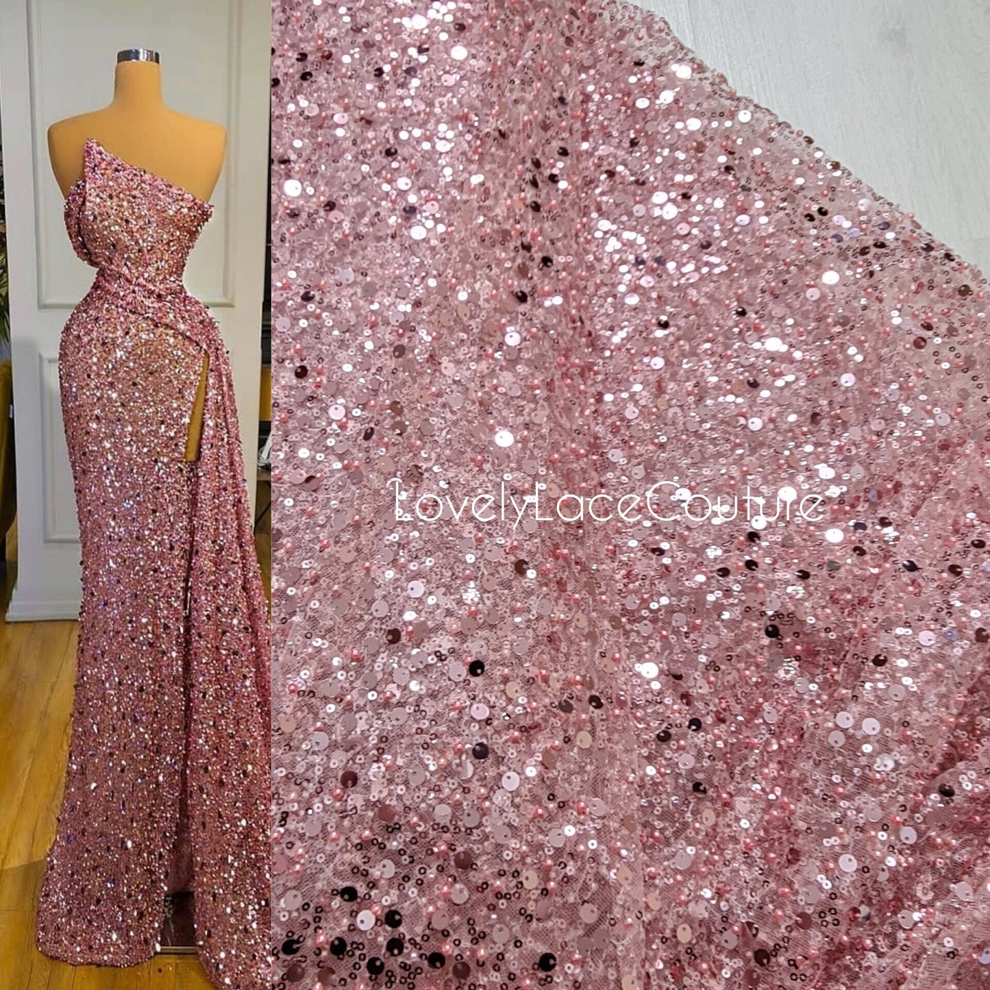 Beaded bridal lace fabric with sequins in rosé-pink, Pallas Couture Lace Fabric, luxurious beaded wedding dress lace, designer lace LL-1441