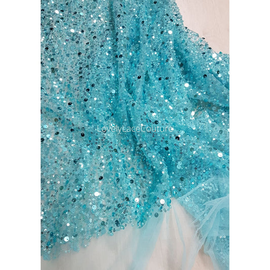 big sequins and beads lace fabric in blue color
