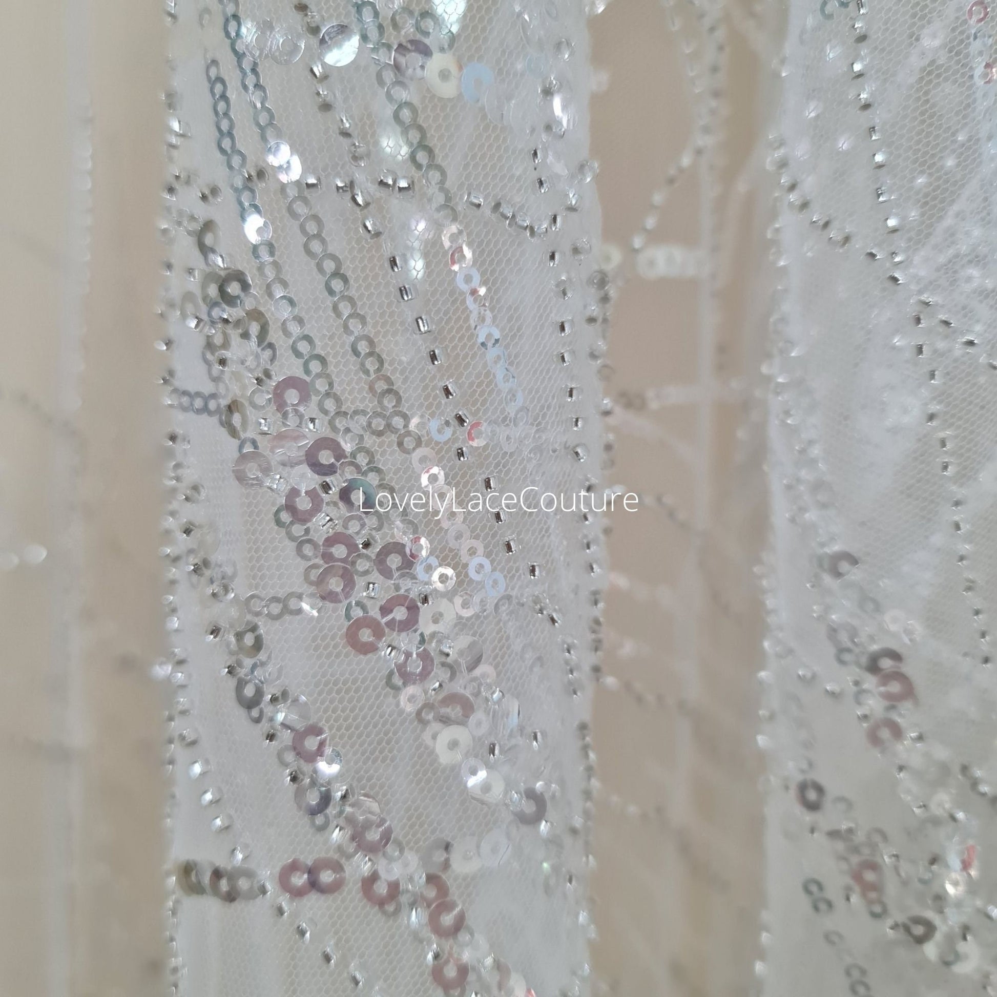Beautiful sparkling bridal lace fabric with beads and sequins, white fabric by yard, Couture Lace Fabric, beaded wedding dress lace LL-1434