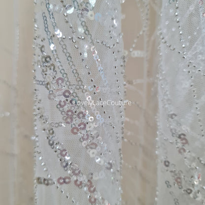 Beautiful sparkling bridal lace fabric with beads and sequins, white fabric by yard, Couture Lace Fabric, beaded wedding dress lace LL-1434
