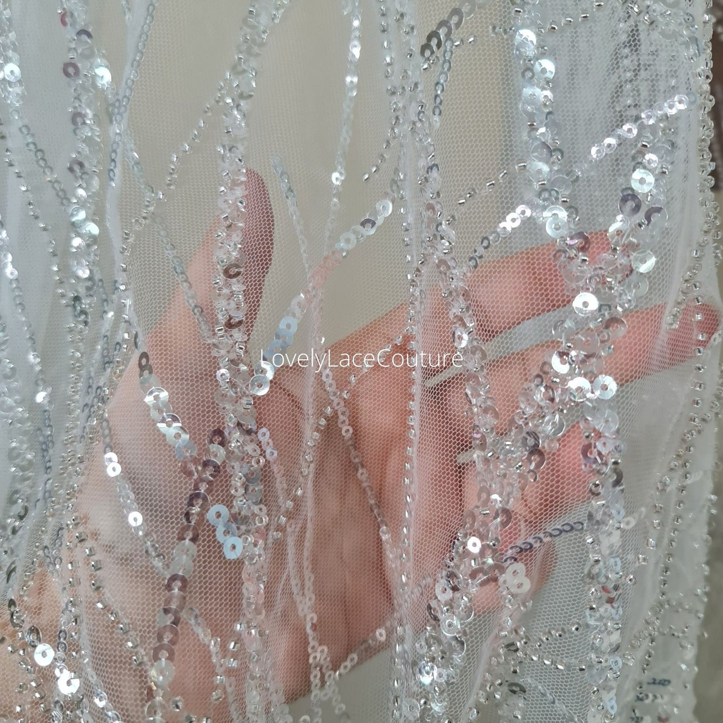 Beautiful sparkling bridal lace fabric with beads and sequins, white fabric by yard, Couture Lace Fabric, beaded wedding dress lace LL-1434