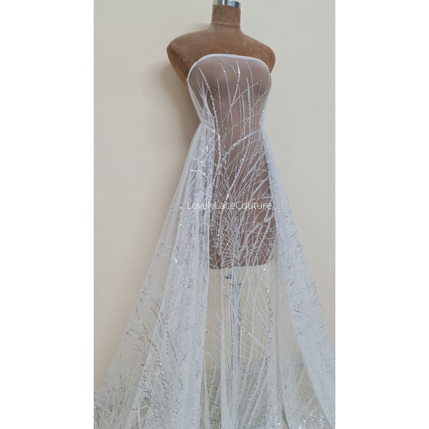 Beautiful sparkling bridal lace fabric with beads and sequins, white fabric by yard, Couture Lace Fabric, beaded wedding dress lace LL-1434