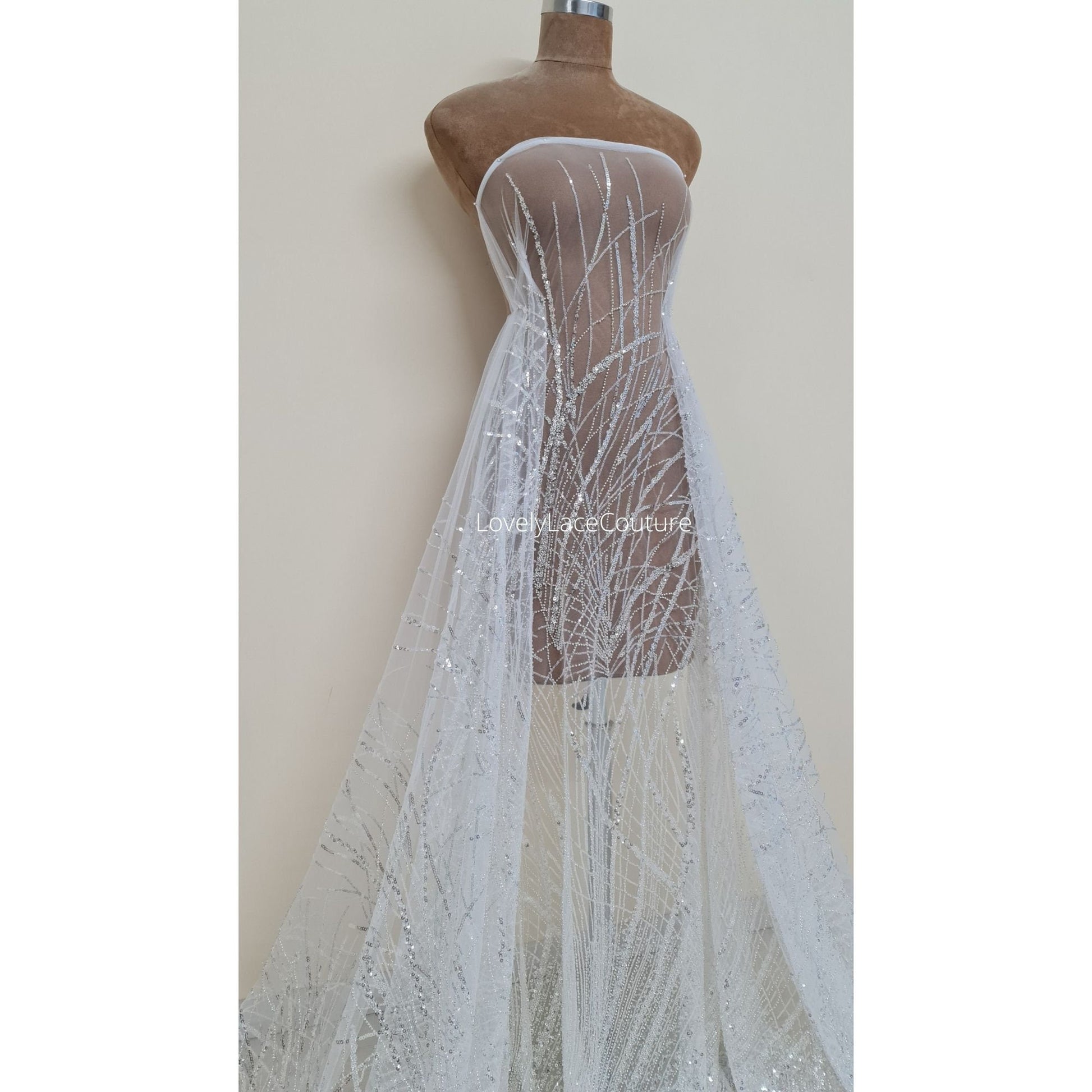 Beautiful sparkling bridal lace fabric with beads and sequins, white fabric by yard, Couture Lace Fabric, beaded wedding dress lace LL-1434