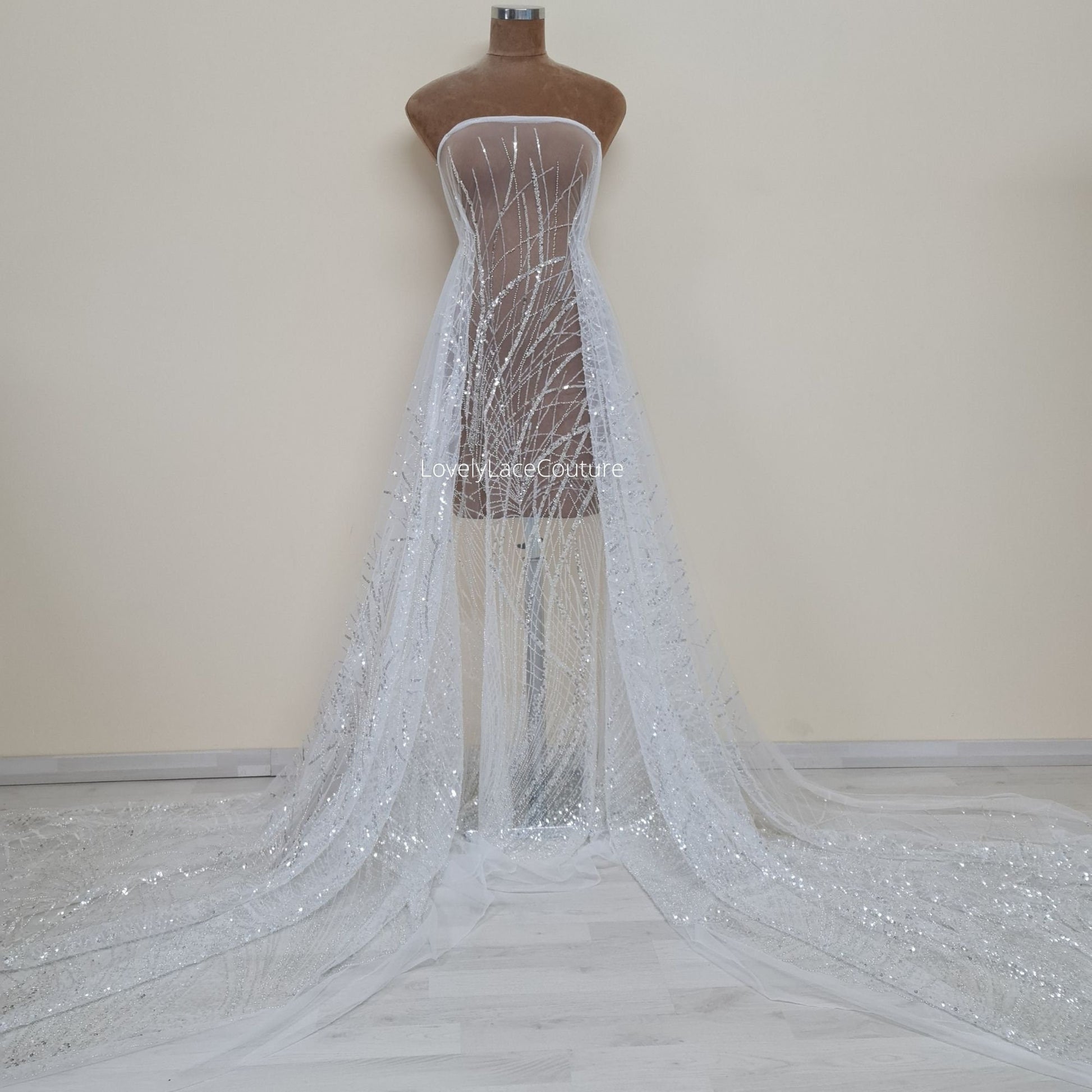 Beautiful sparkling bridal lace fabric with beads and sequins, white fabric by yard, Couture Lace Fabric, beaded wedding dress lace LL-1434