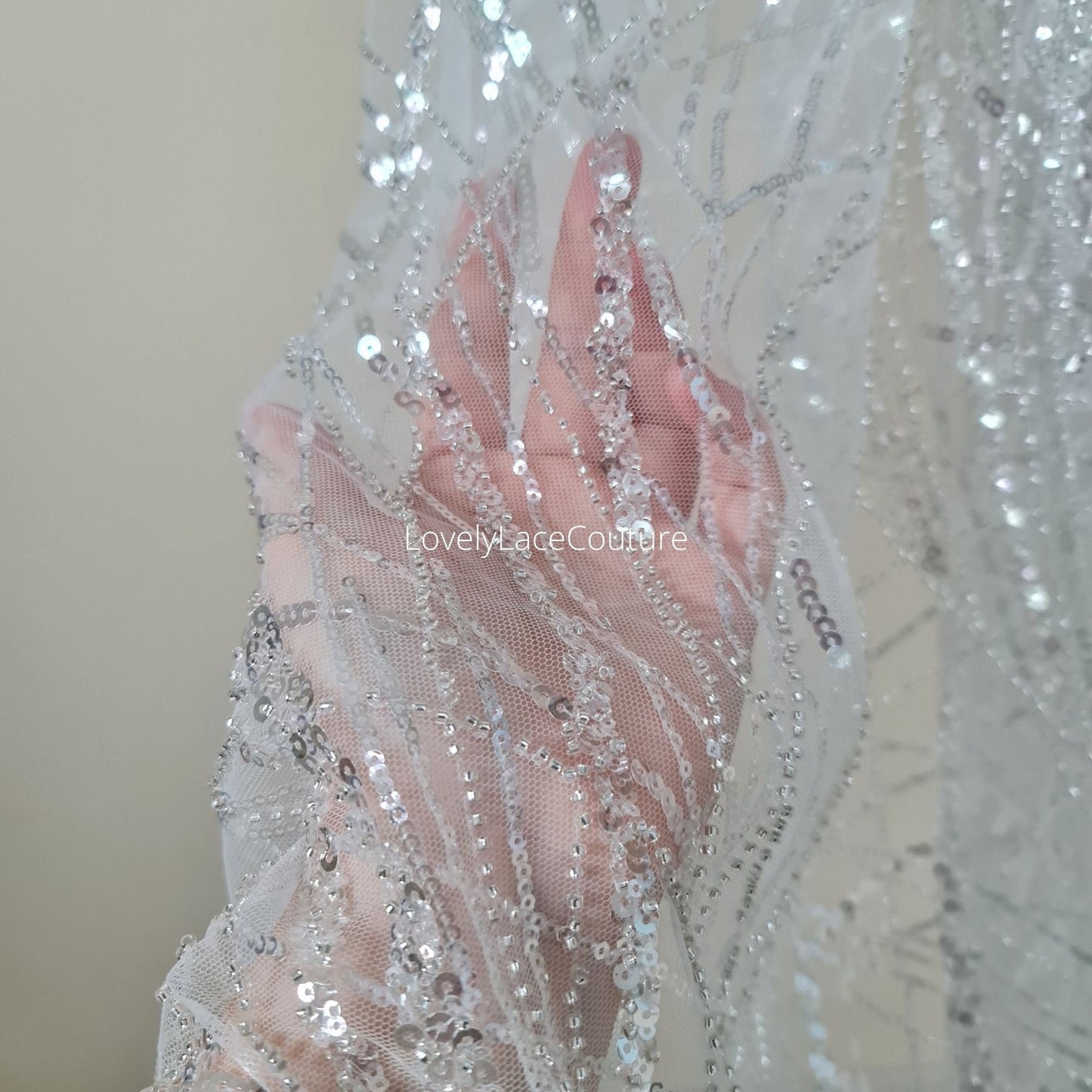 Beautiful sparkling bridal lace fabric with beads and sequins, white fabric by yard, Couture Lace Fabric, beaded wedding dress lace LL-1434