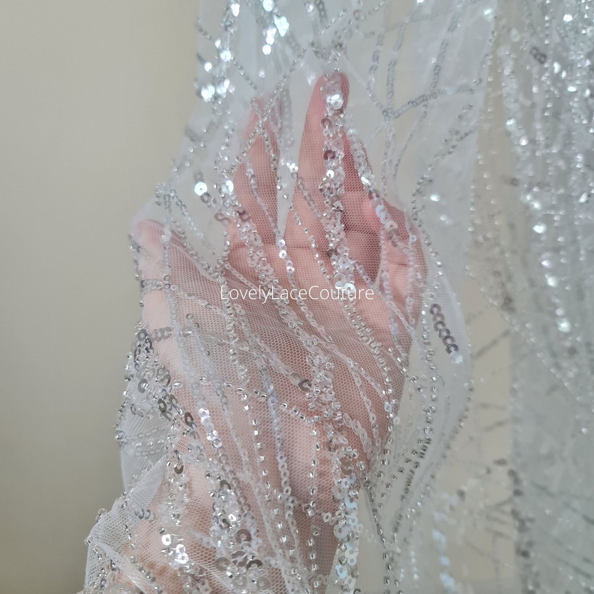 Beautiful sparkling bridal lace fabric with beads and sequins, white fabric by yard, Couture Lace Fabric, beaded wedding dress lace LL-1434