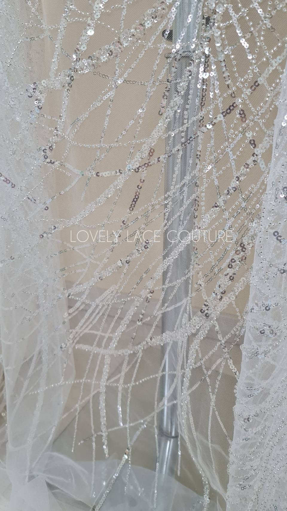 Beautiful sparkling bridal lace fabric with beads and sequins, white fabric by yard, Couture Lace Fabric, beaded wedding dress lace LL-1434