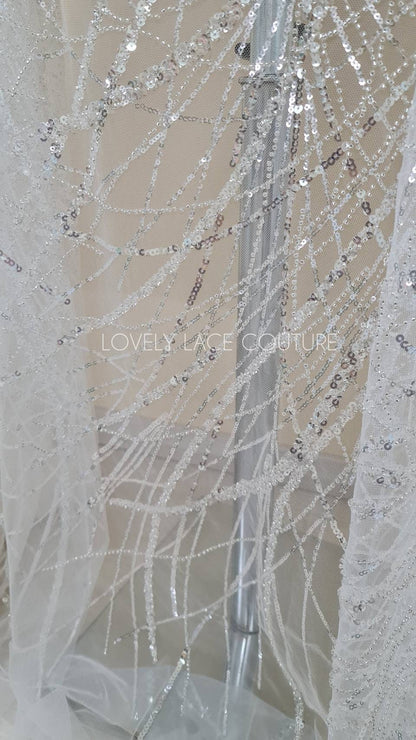 Beautiful sparkling bridal lace fabric with beads and sequins, white fabric by yard, Couture Lace Fabric, beaded wedding dress lace LL-1434