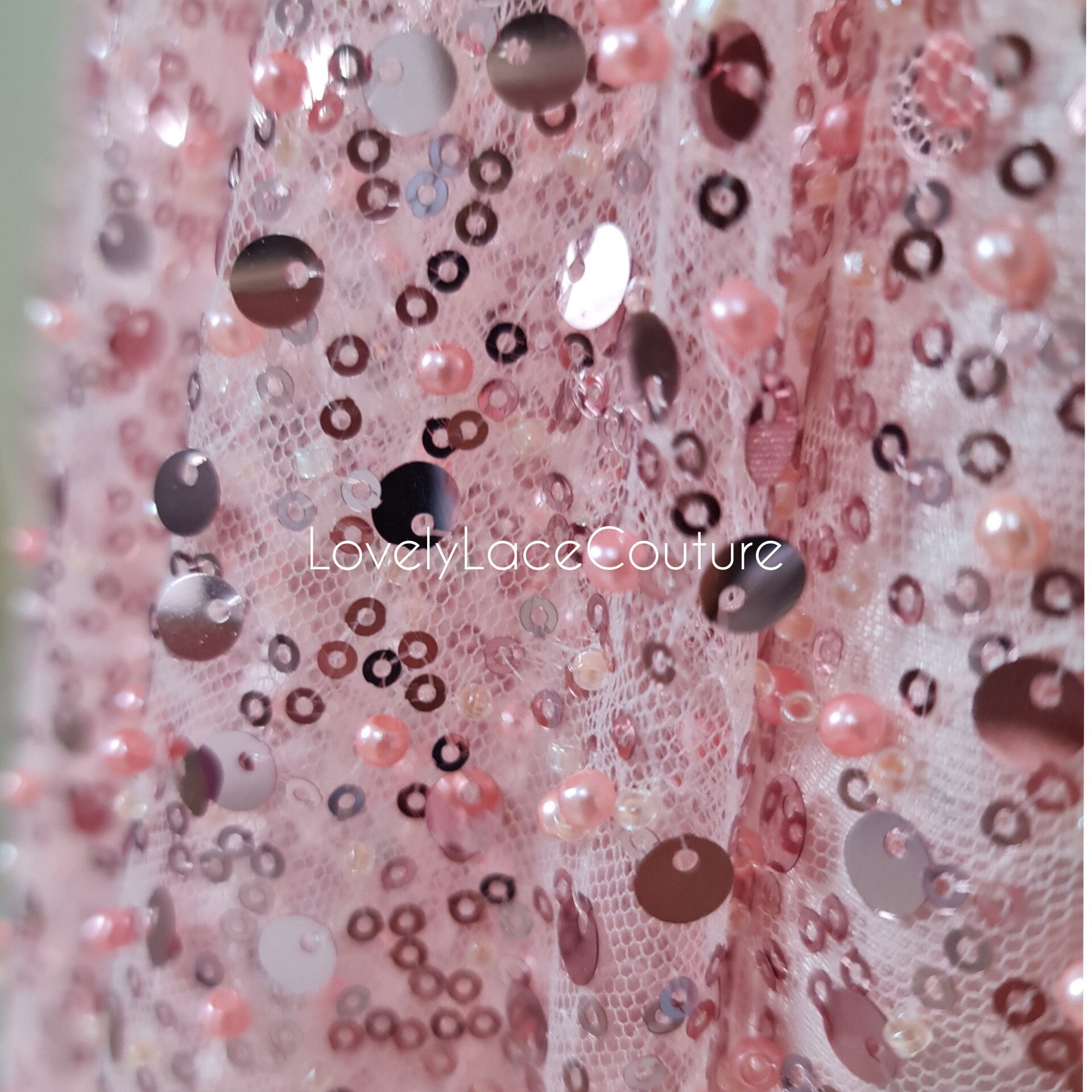 Beaded bridal lace fabric with sequins in rosé-pink, Pallas Couture Lace Fabric, luxurious beaded wedding dress lace, designer lace LL-1441