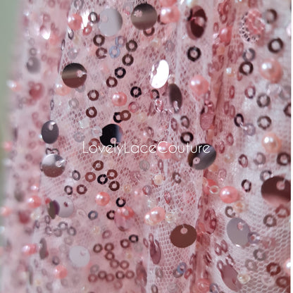 Beaded bridal lace fabric with sequins in rosé-pink, Pallas Couture Lace Fabric, luxurious beaded wedding dress lace, designer lace LL-1441