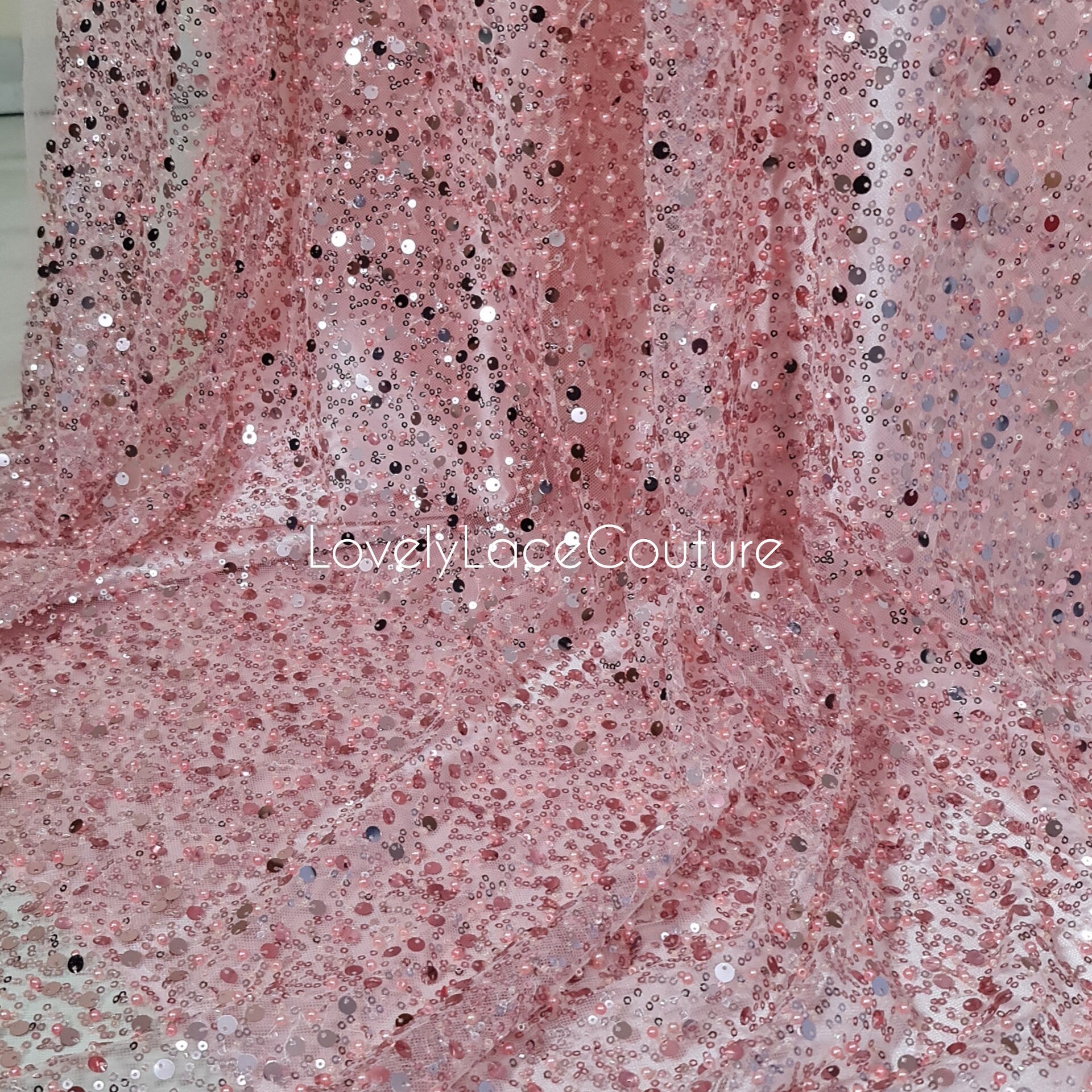 Beaded bridal lace fabric with sequins in rosé-pink, Pallas Couture Lace Fabric, luxurious beaded wedding dress lace, designer lace LL-1441