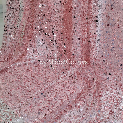 Beaded bridal lace fabric with sequins in rosé-pink, Pallas Couture Lace Fabric, luxurious beaded wedding dress lace, designer lace LL-1441
