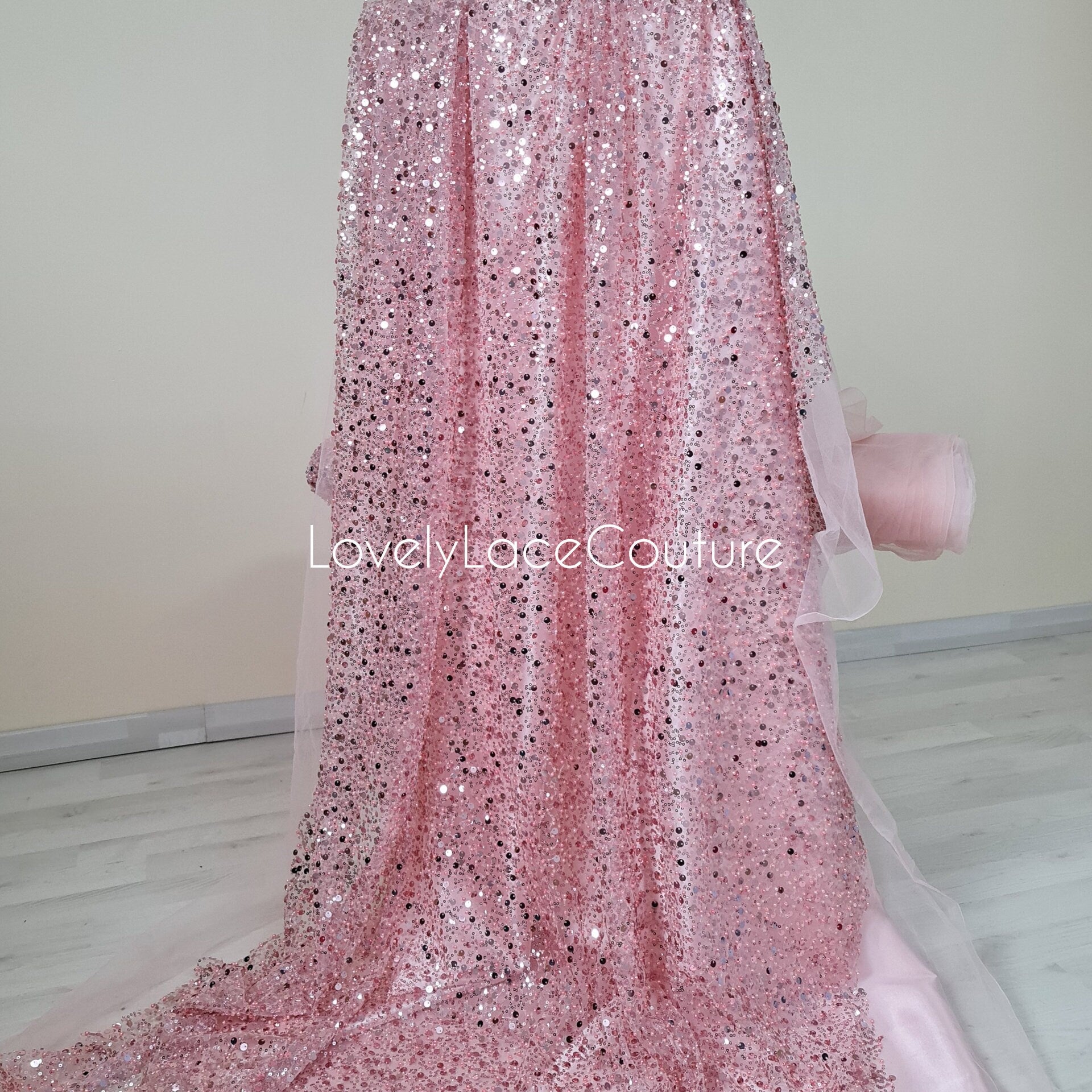 Beaded bridal lace fabric with sequins in rosé-pink, Pallas Couture Lace Fabric, luxurious beaded wedding dress lace, designer lace LL-1441