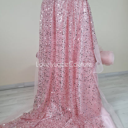 Beaded bridal lace fabric with sequins in rosé-pink, Pallas Couture Lace Fabric, luxurious beaded wedding dress lace, designer lace LL-1441