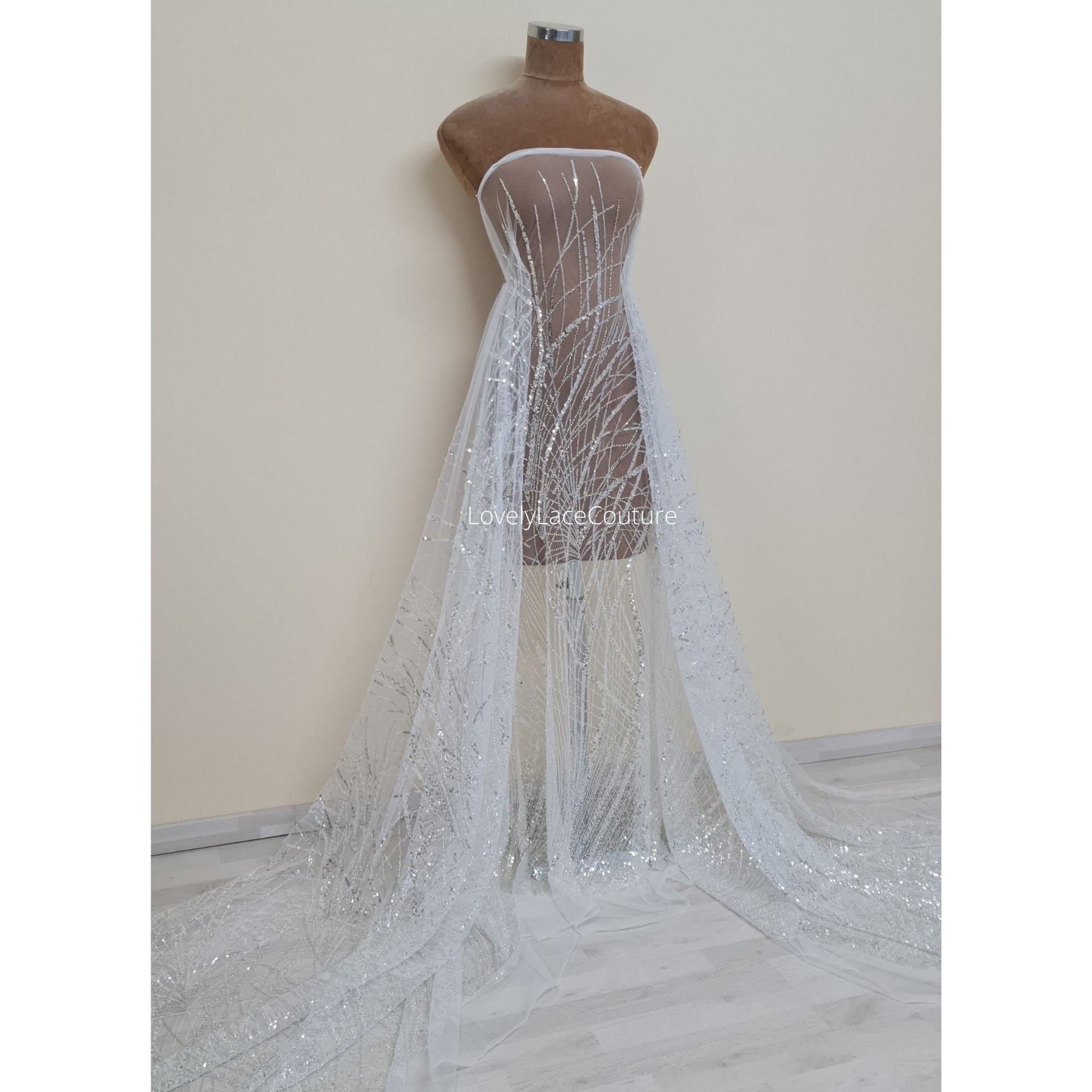 Beautiful sparkling bridal lace fabric with beads and sequins, white fabric by yard, Couture Lace Fabric, beaded wedding dress lace LL-1434
