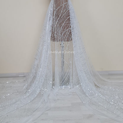 Beautiful sparkling bridal lace fabric with beads and sequins, white fabric by yard, Couture Lace Fabric, beaded wedding dress lace LL-1434