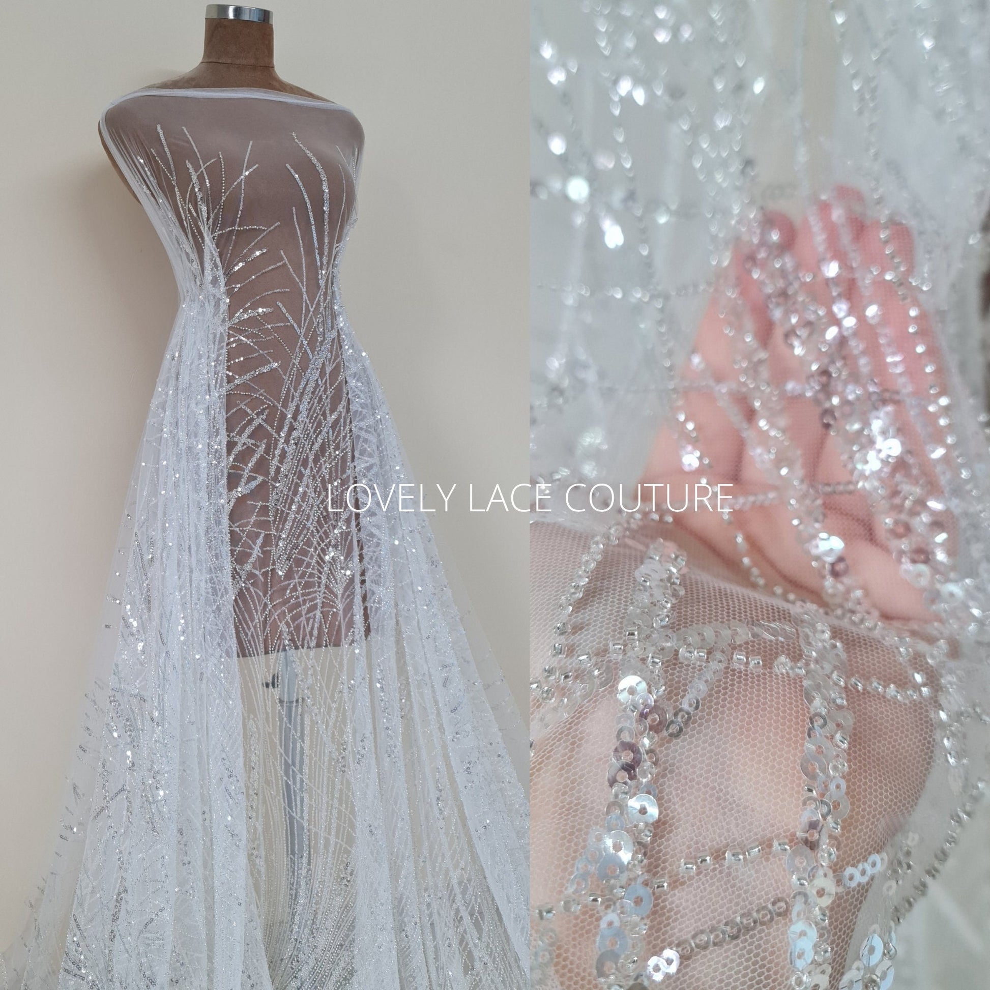 Beautiful sparkling bridal lace fabric with beads and sequins, white fabric by yard, Couture Lace Fabric, beaded wedding dress lace LL-1434