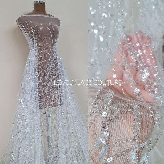 Beautiful sparkling bridal lace fabric with beads and sequins, white fabric by yard, Couture Lace Fabric, beaded wedding dress lace LL-1434