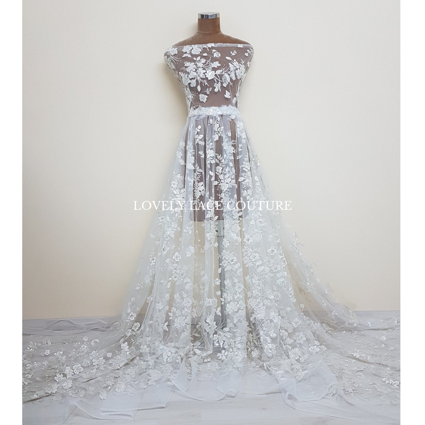 Flower bridal lace fabric with white net, silver flowers and beads and transparent sequins, wedding dress lace, fabric by yard LL-1447