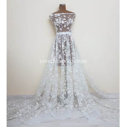 Flower bridal lace fabric with white net, silver flowers and beads and transparent sequins, wedding dress lace, fabric by yard LL-1447