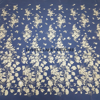 Flower bridal lace fabric with white net, silver flowers and beads and transparent sequins, wedding dress lace, fabric by yard LL-1447