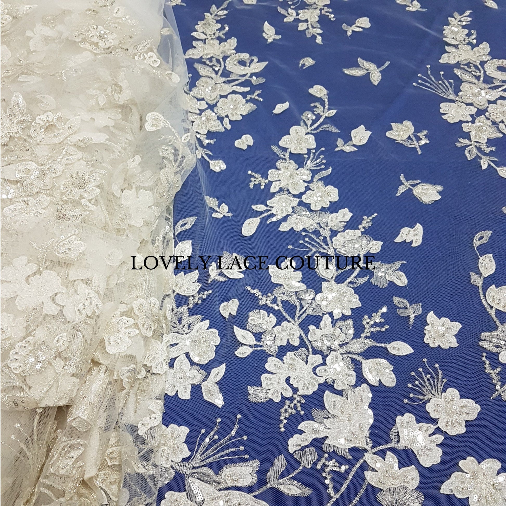 Flower bridal lace fabric with white net, silver flowers and beads and transparent sequins, wedding dress lace, fabric by yard LL-1447