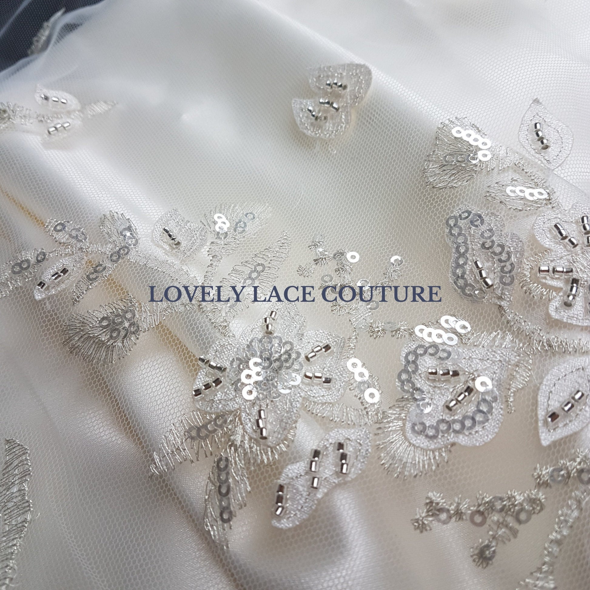 Flower bridal lace fabric with white net, silver flowers and beads and transparent sequins, wedding dress lace, fabric by yard LL-1447