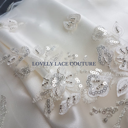 Flower bridal lace fabric with white net, silver flowers and beads and transparent sequins, wedding dress lace, fabric by yard LL-1447